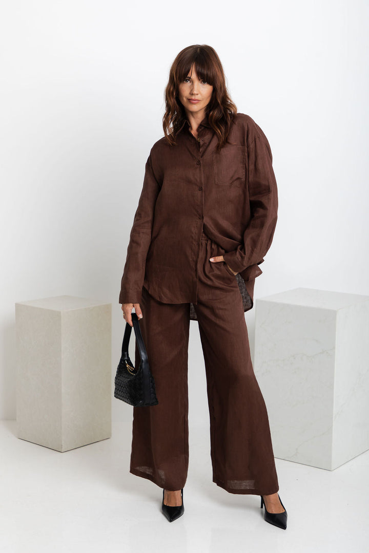 Tahlia Straight-Leg Linen Pants - Chocolate