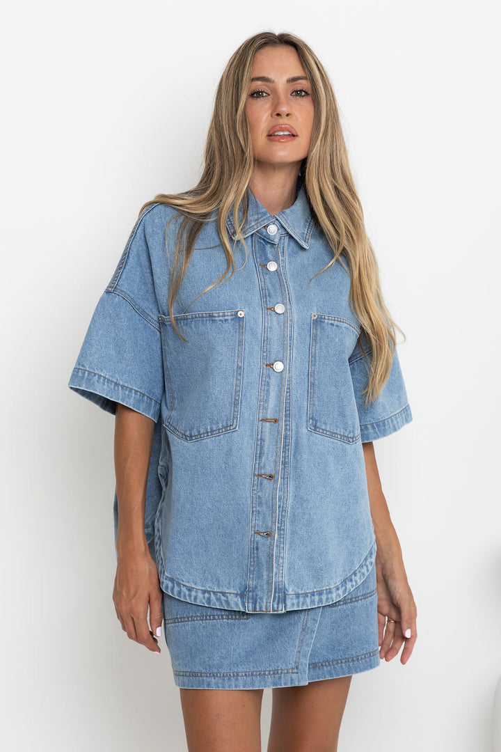 Juno Oversized Denim Shirt - Mid Wash