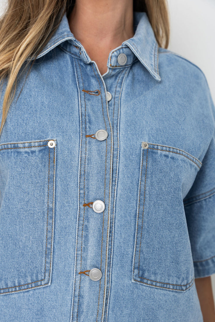 Juno Oversized Denim Shirt - Mid Wash