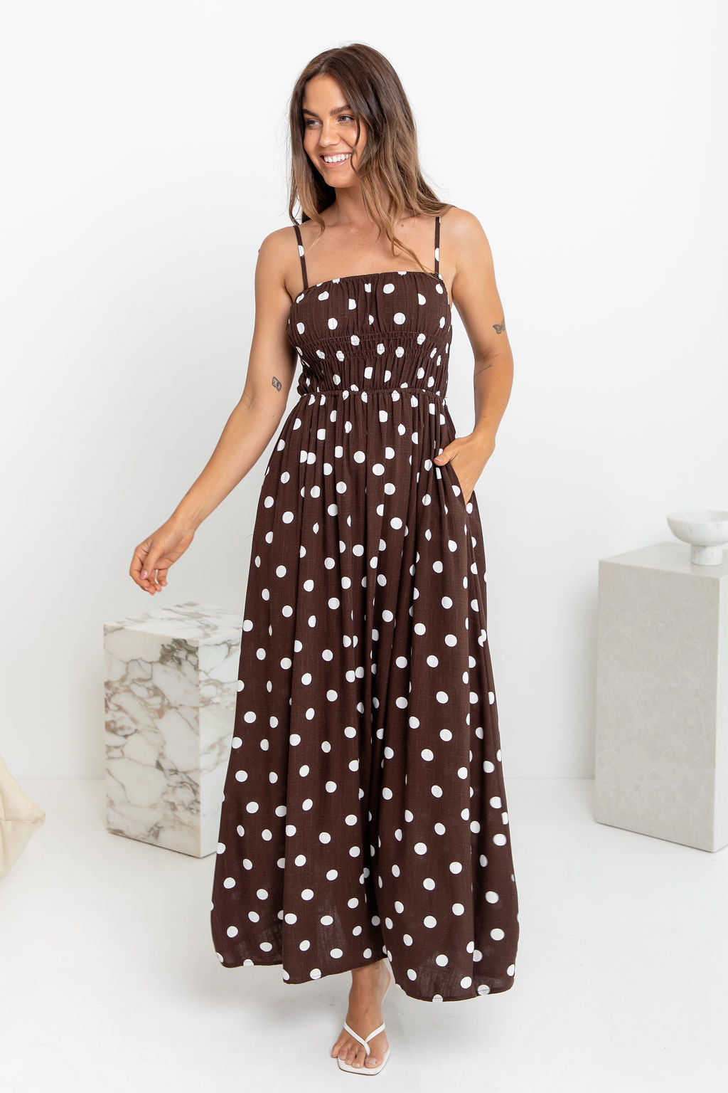 Belle Polka Dot Midi Dress - Chocolate and White