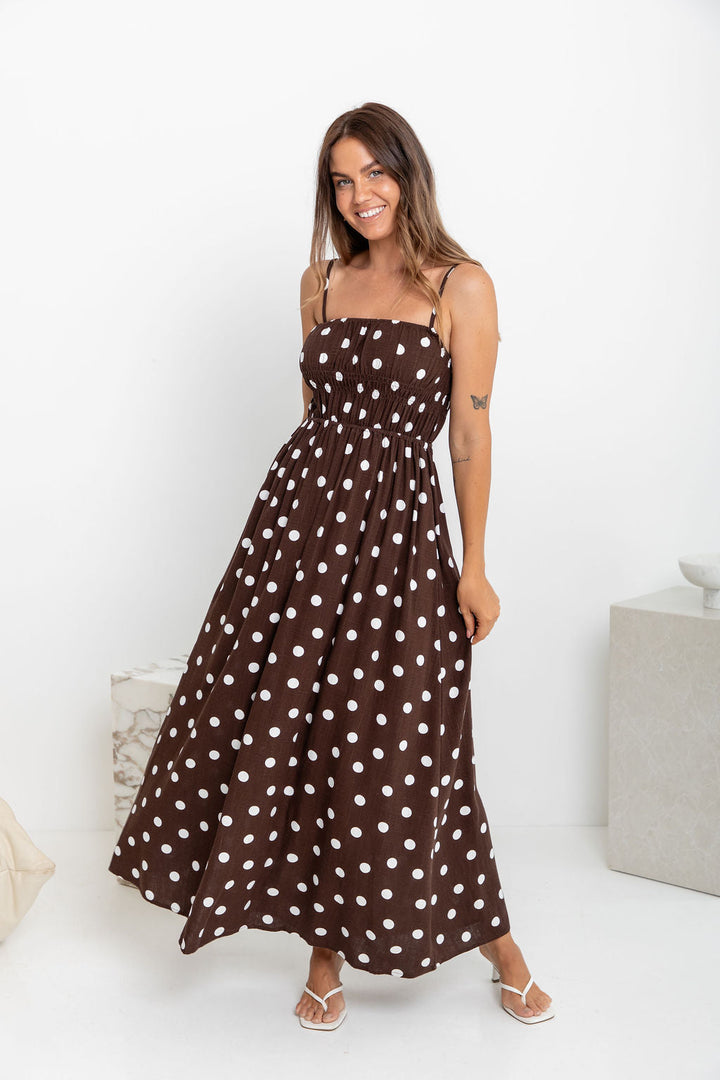 Belle Polka Dot Midi Dress - Chocolate and White