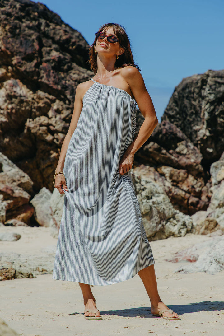 Clara One-Shoulder Maxi Dress - White and Charcoal Stripe