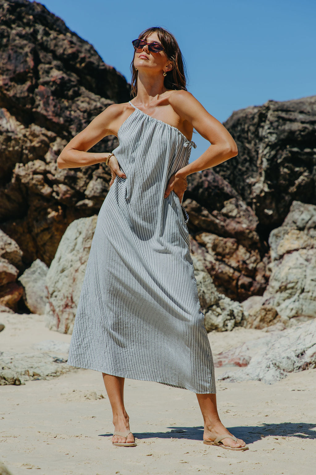 Clara One-Shoulder Maxi Dress - White and Charcoal Stripe