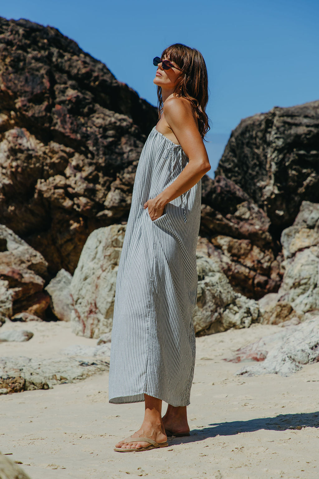 Clara One-Shoulder Maxi Dress - White and Charcoal Stripe