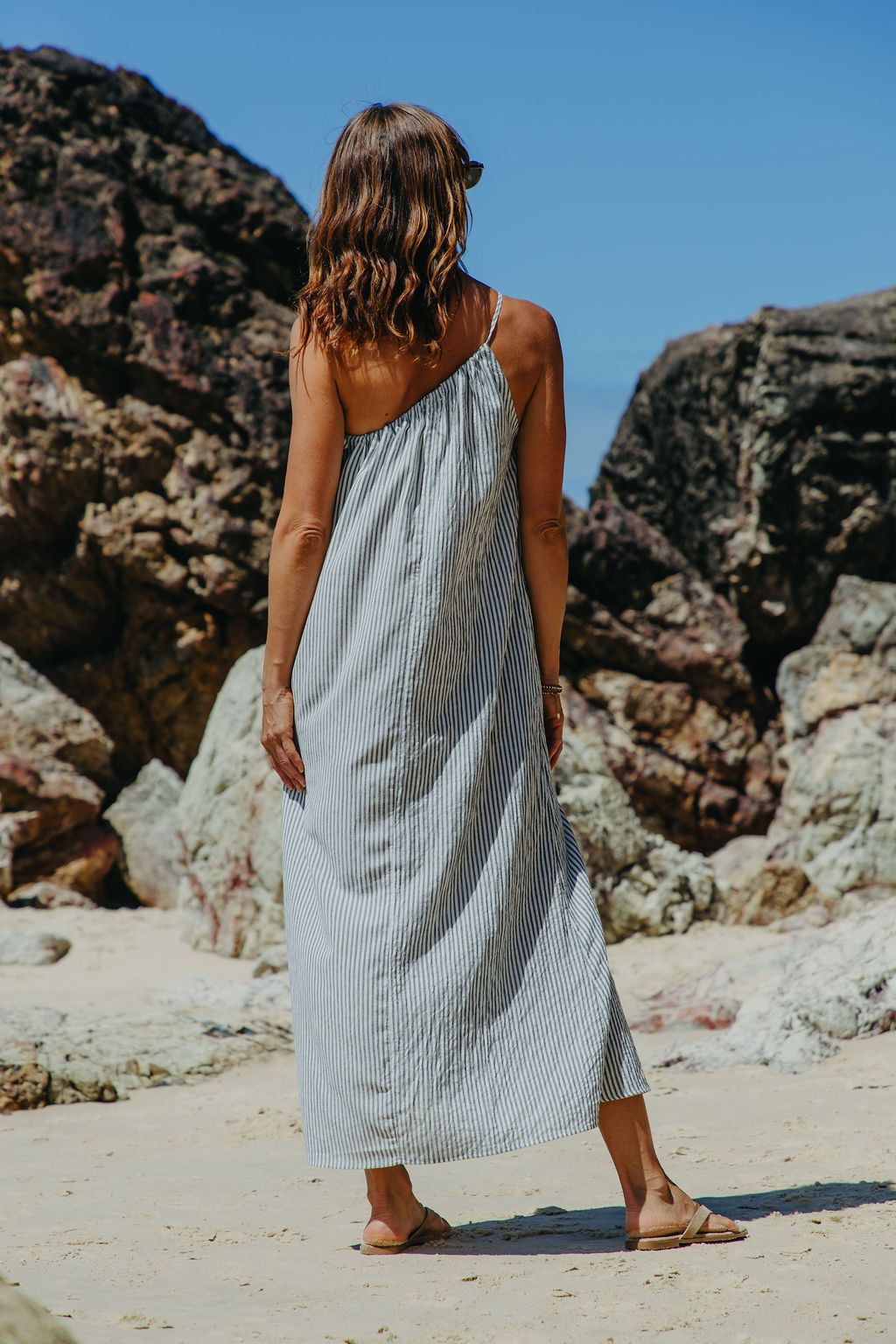 Clara One-Shoulder Maxi Dress - White and Charcoal Stripe