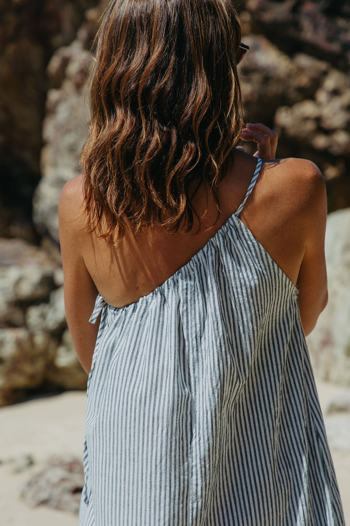 Clara One-Shoulder Maxi Dress - White and Charcoal Stripe