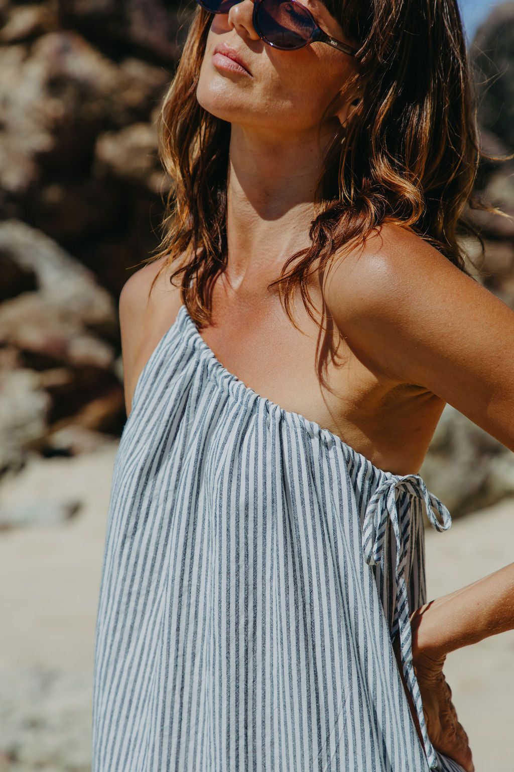 Clara One-Shoulder Maxi Dress - White and Charcoal Stripe