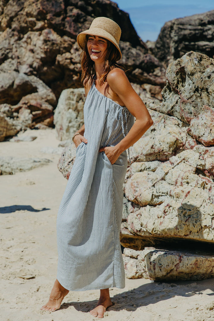 Clara One-Shoulder Maxi Dress - White and Charcoal Stripe