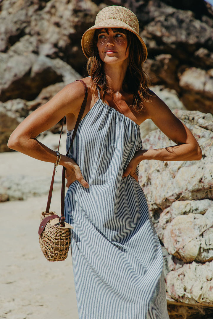 Clara One-Shoulder Maxi Dress - White and Charcoal Stripe