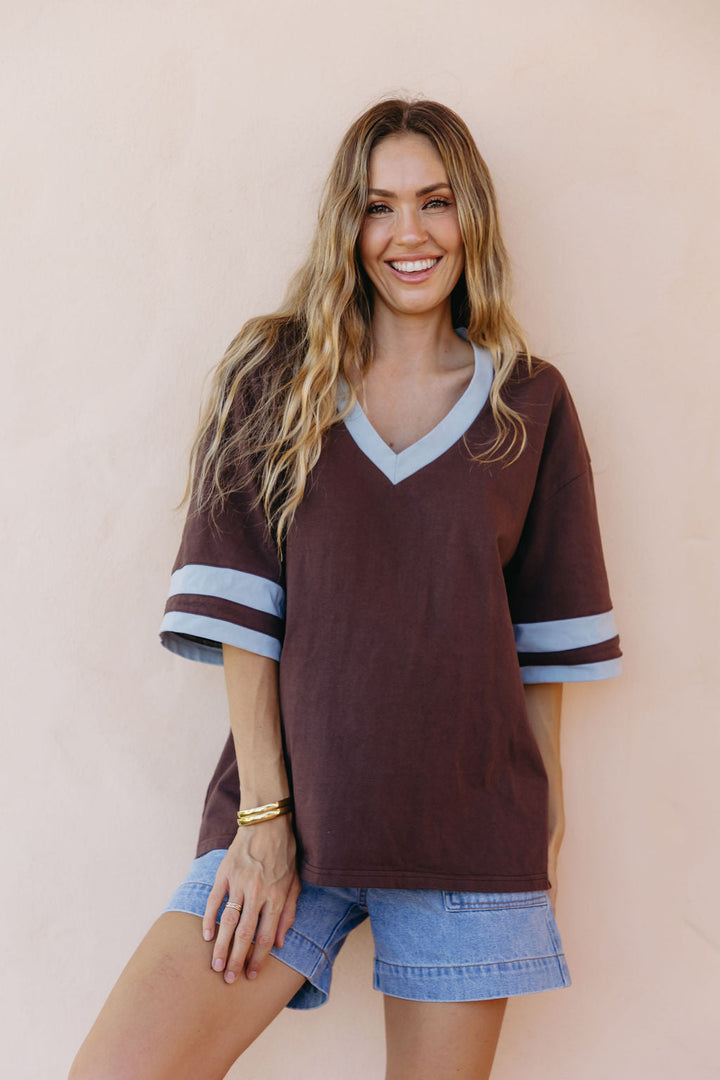 Stevie Relaxed-Fit V-Neck Tee - Blue and Chocolate