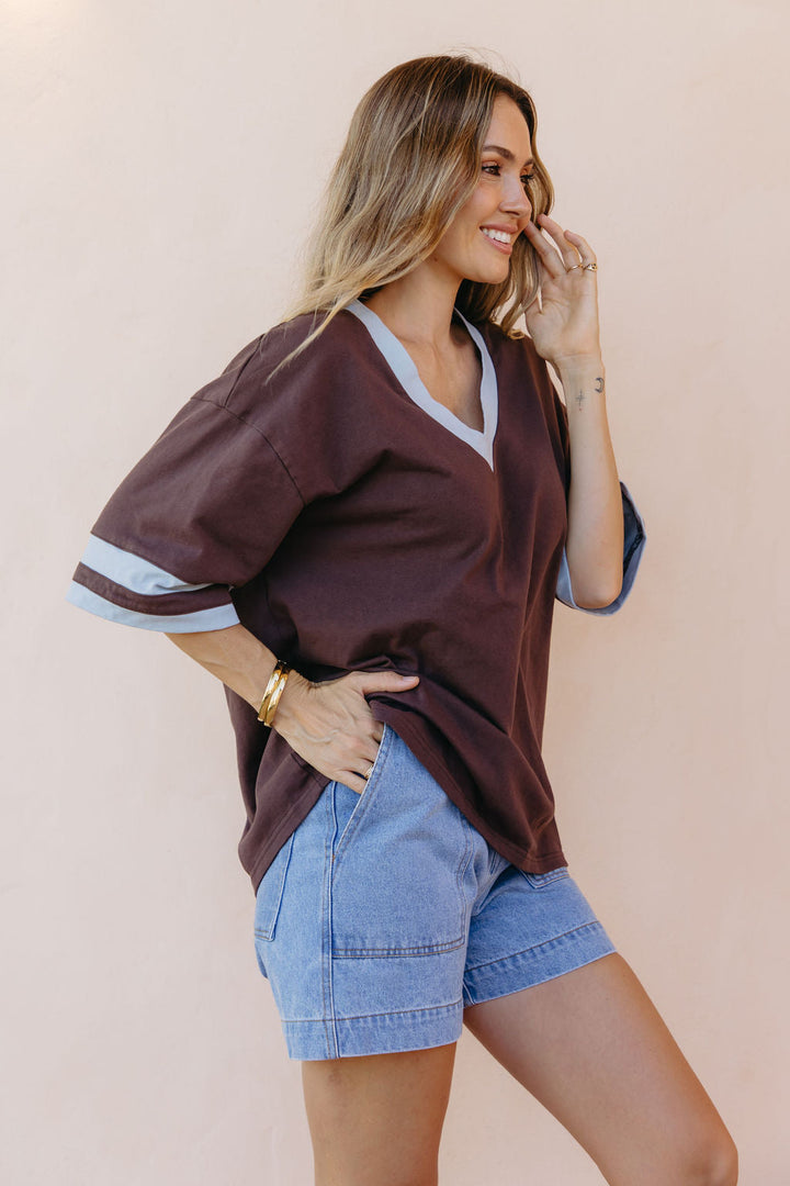 Stevie Relaxed-Fit V-Neck Tee - Blue and Chocolate