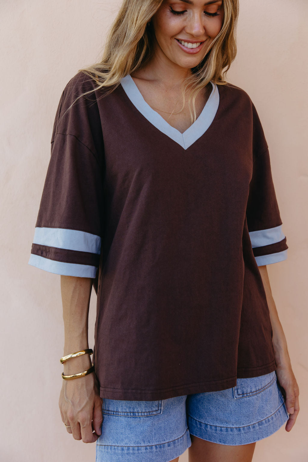 Stevie Relaxed-Fit V-Neck Tee - Blue and Chocolate