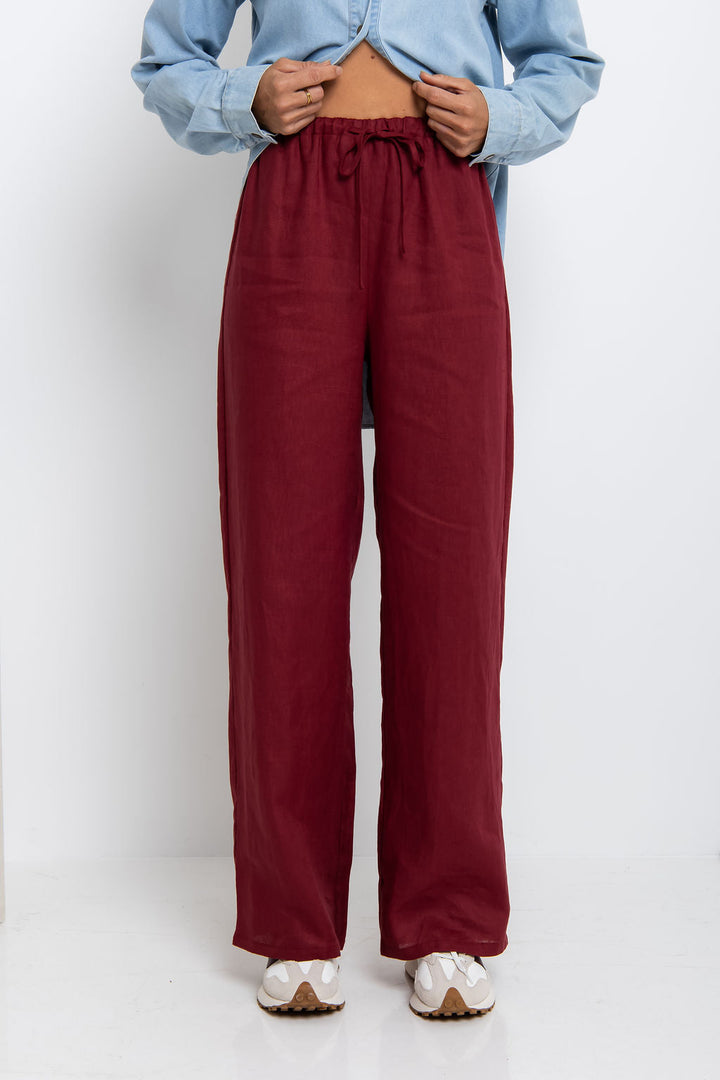 Sommer Straight-Leg Linen Pants - Burgundy