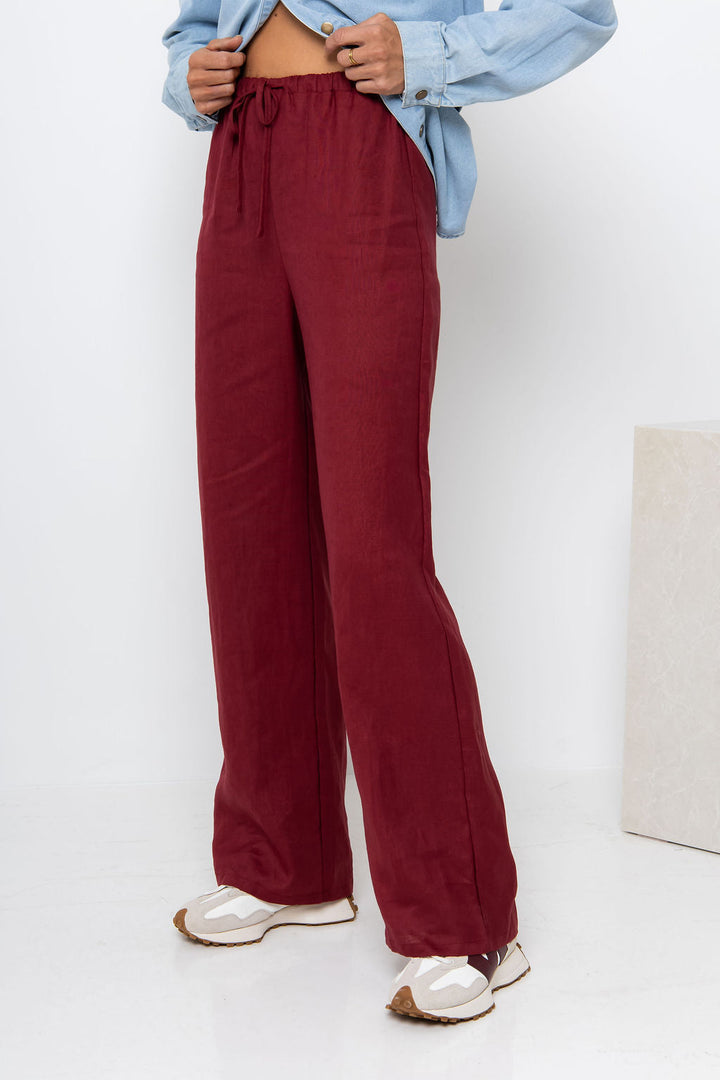 Sommer Straight-Leg Linen Pants - Burgundy