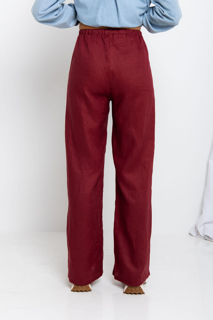 Sommer Straight-Leg Linen Pants - Burgundy