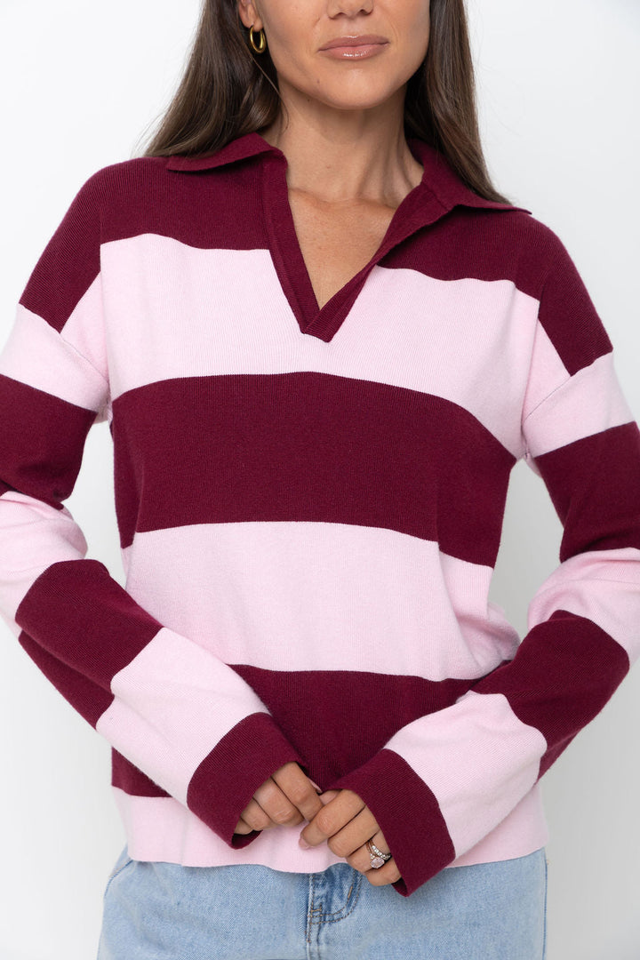 Taylor Rugby Stripe Polo Knit - Pink and Burgundy