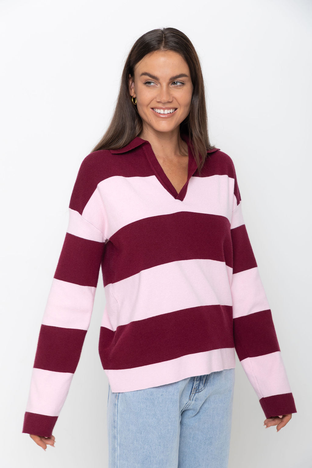 Taylor Rugby Stripe Polo Knit - Pink and Burgundy