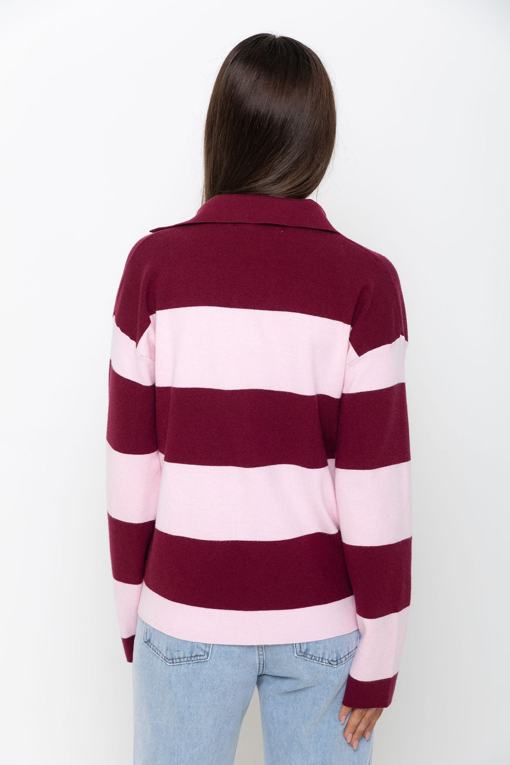 Taylor Rugby Stripe Polo Knit - Pink and Burgundy