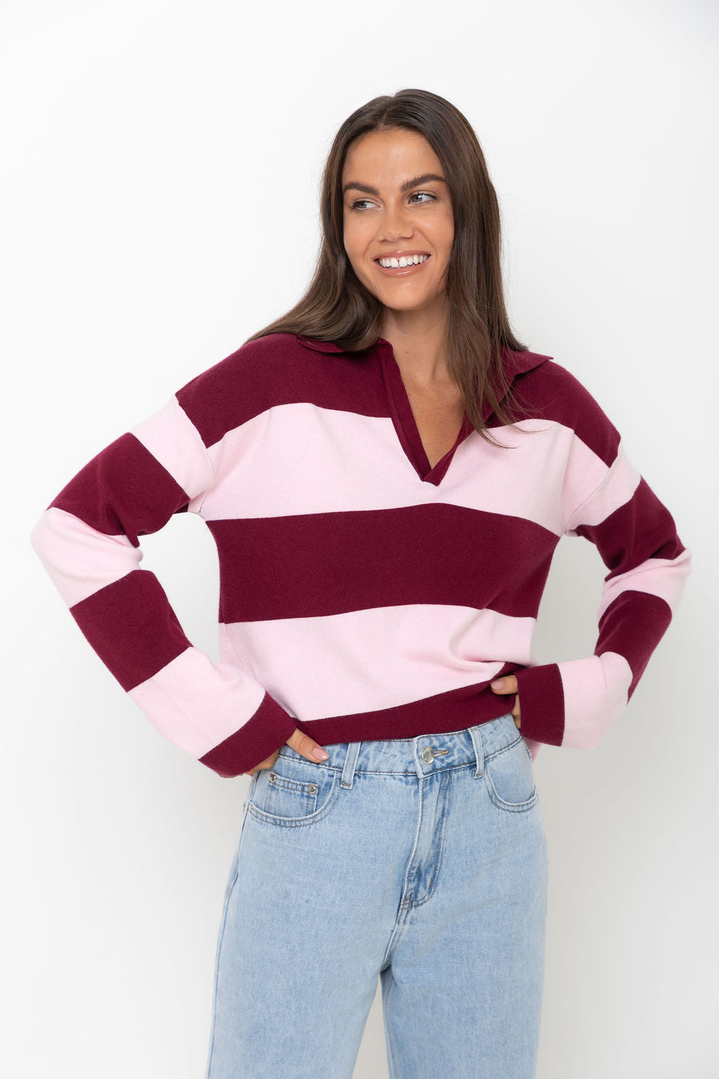 Taylor Rugby Stripe Polo Knit - Pink and Burgundy