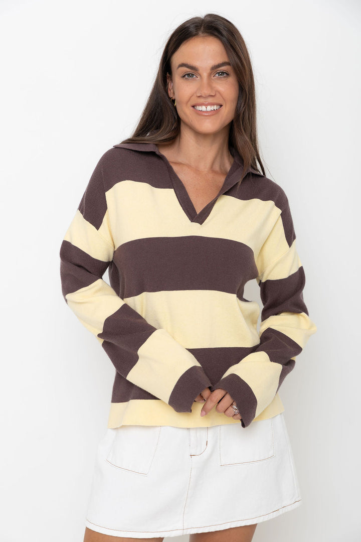 Taylor Rugby Stripe Polo Knit - Yellow and Choc