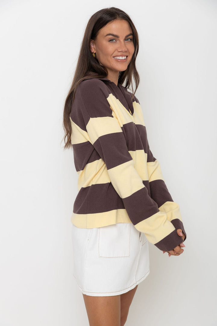 Taylor Rugby Stripe Polo Knit - Yellow and Choc
