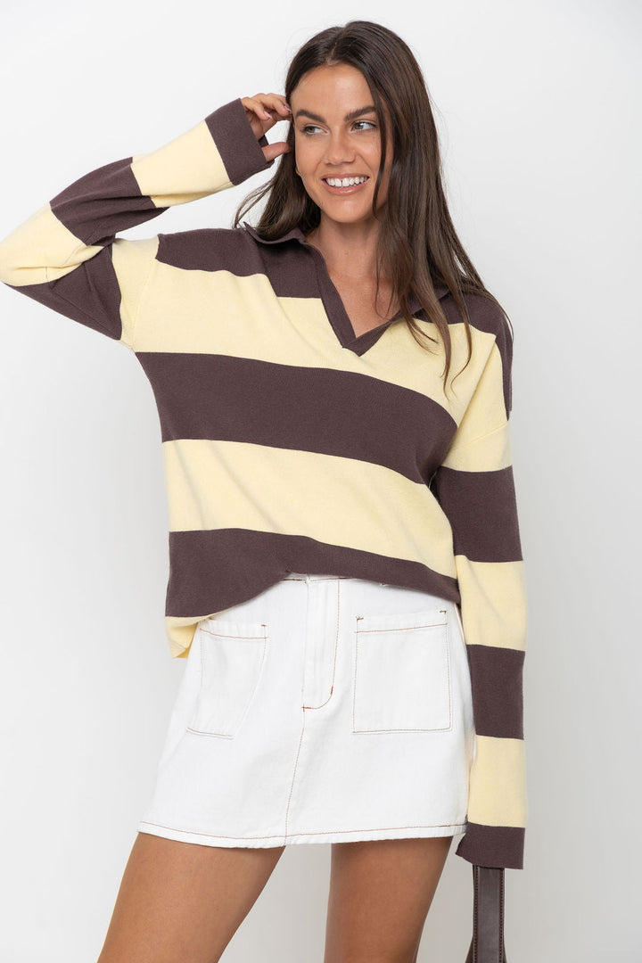 Taylor Rugby Stripe Polo Knit - Yellow and Choc