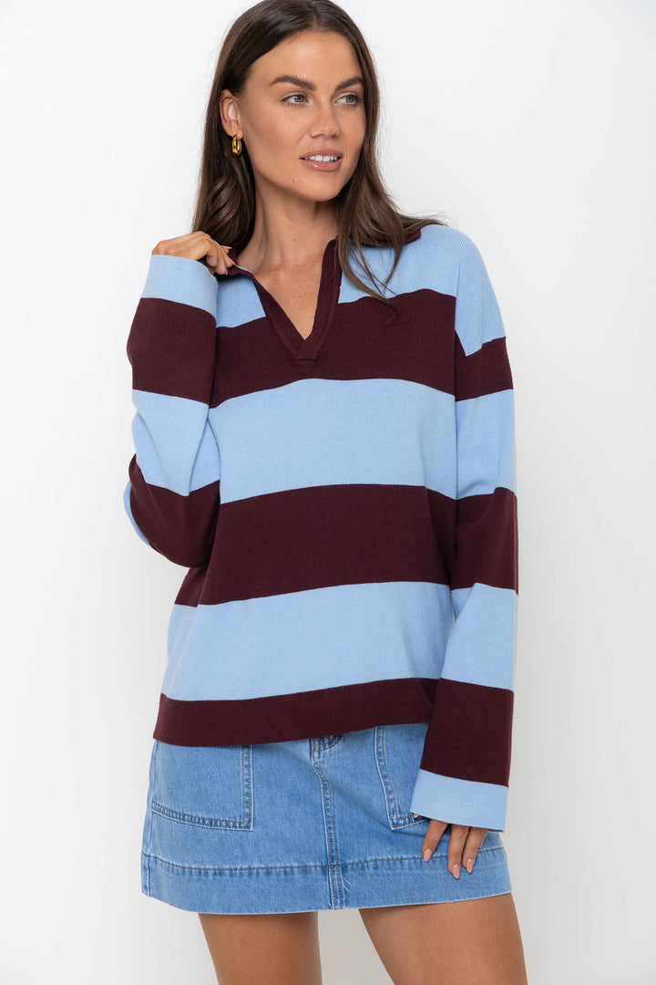 Taylor Rugby Stripe Polo Knit - Blue and Plum