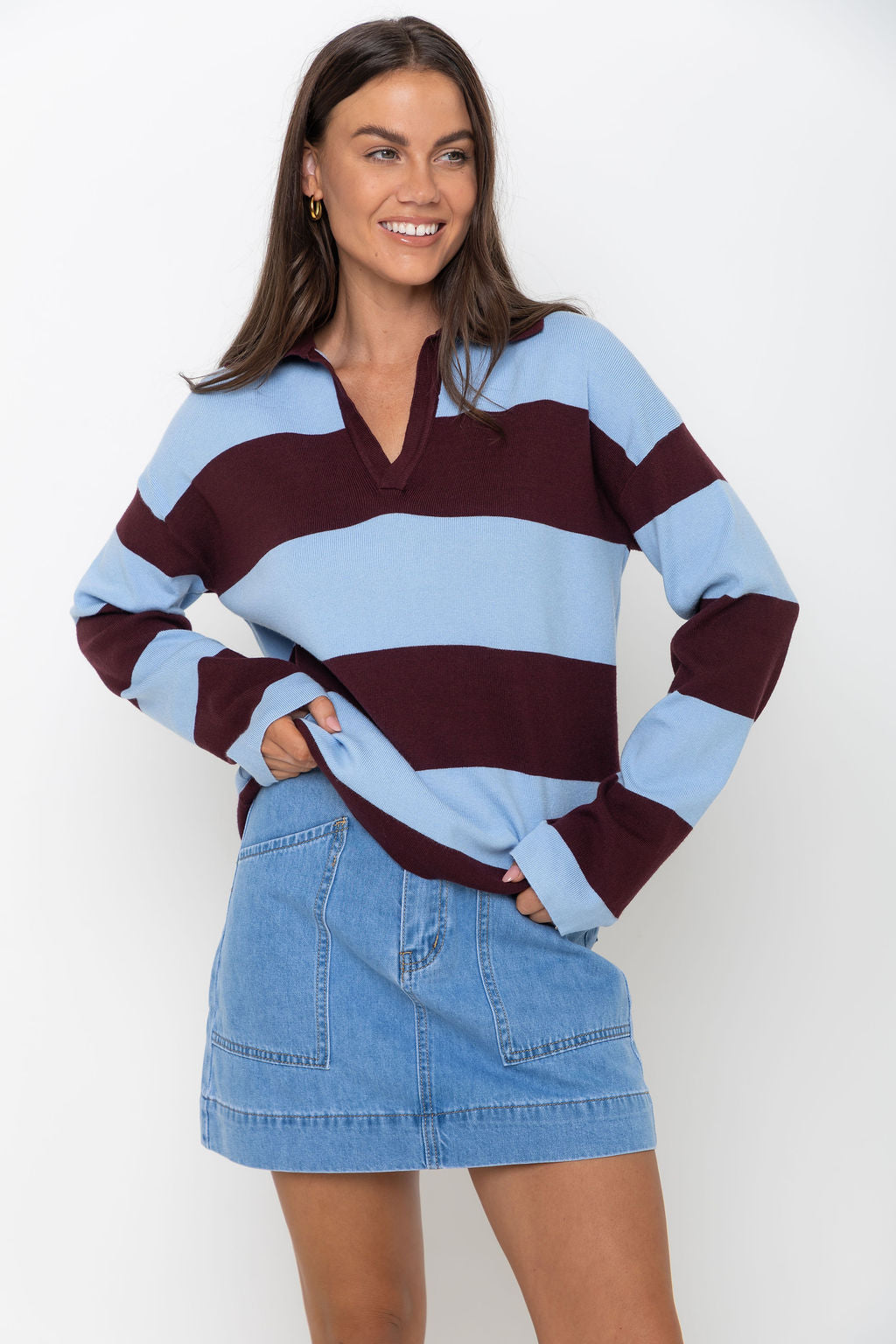 Taylor Rugby Stripe Polo Knit - Blue and Plum