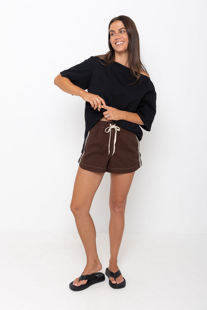 Kalea Denim Stripe Shorts - Choc Wash