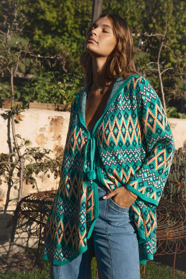 One Love Hooded Cardi - Teal Aztec