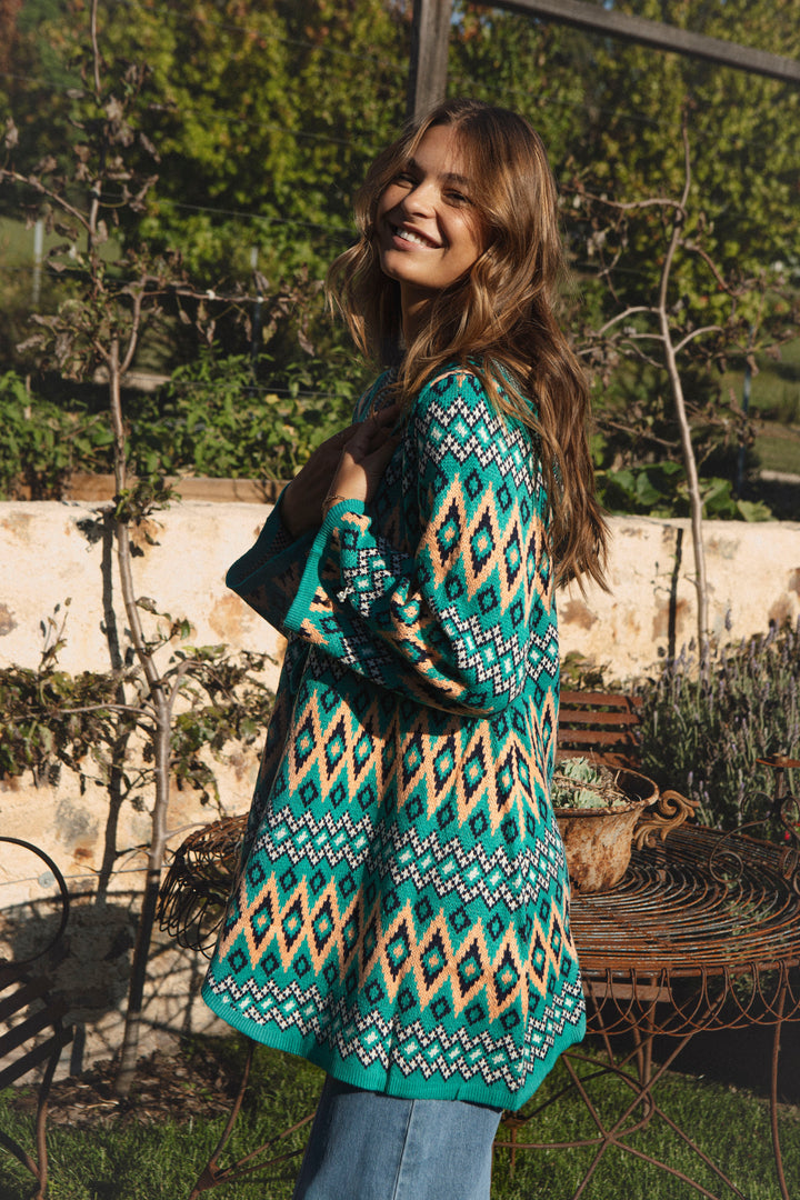 One Love Hooded Cardi - Teal Aztec
