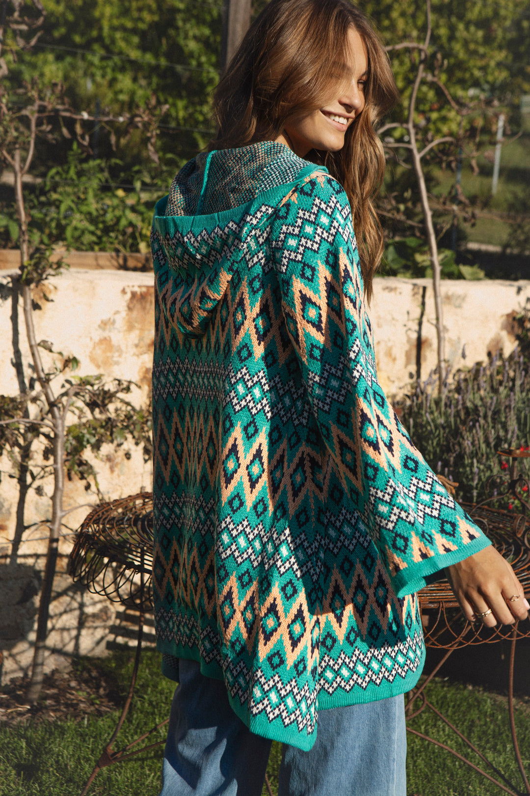 One Love Hooded Cardi - Teal Aztec