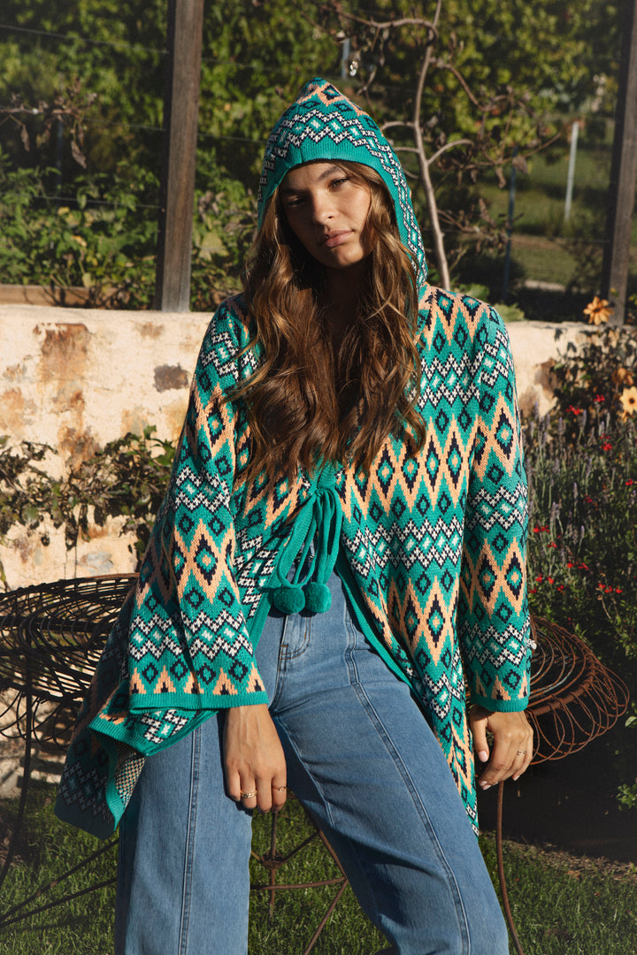 One Love Hooded Cardi - Teal Aztec