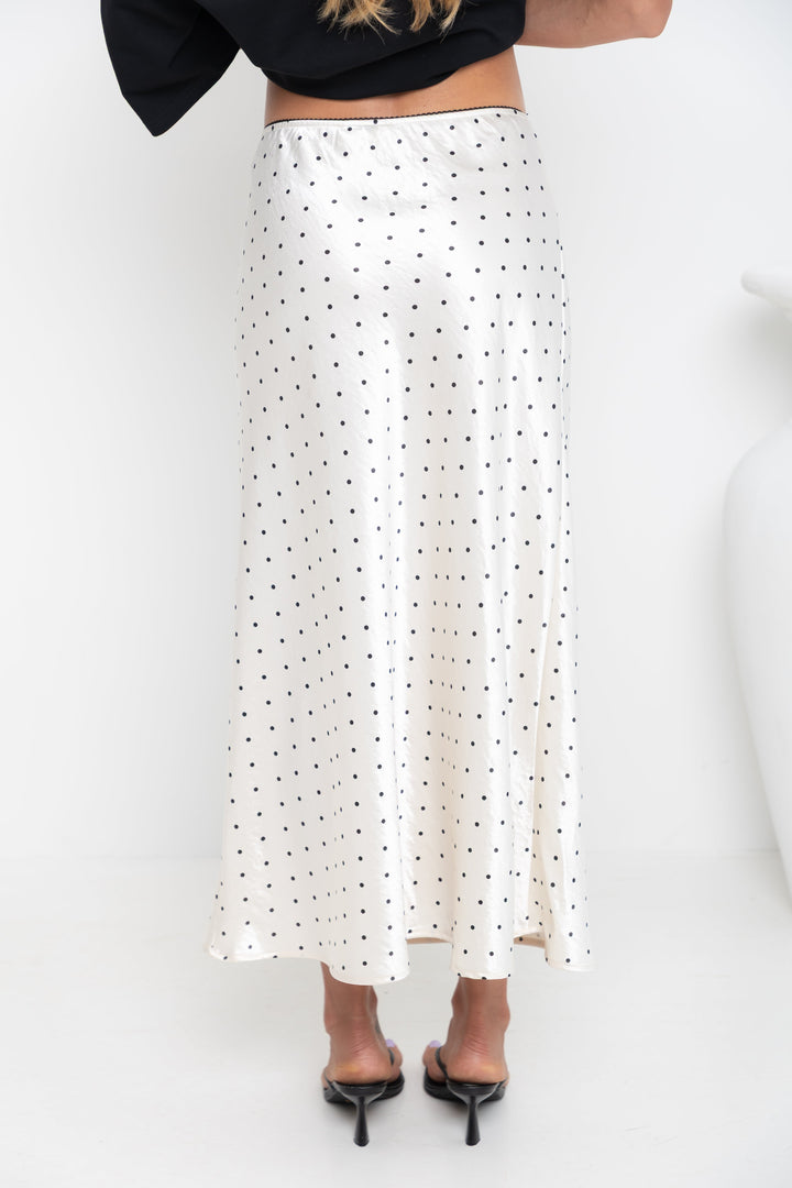 Vienna Satin Midi Skirt - Ivory / Black Polka Dots