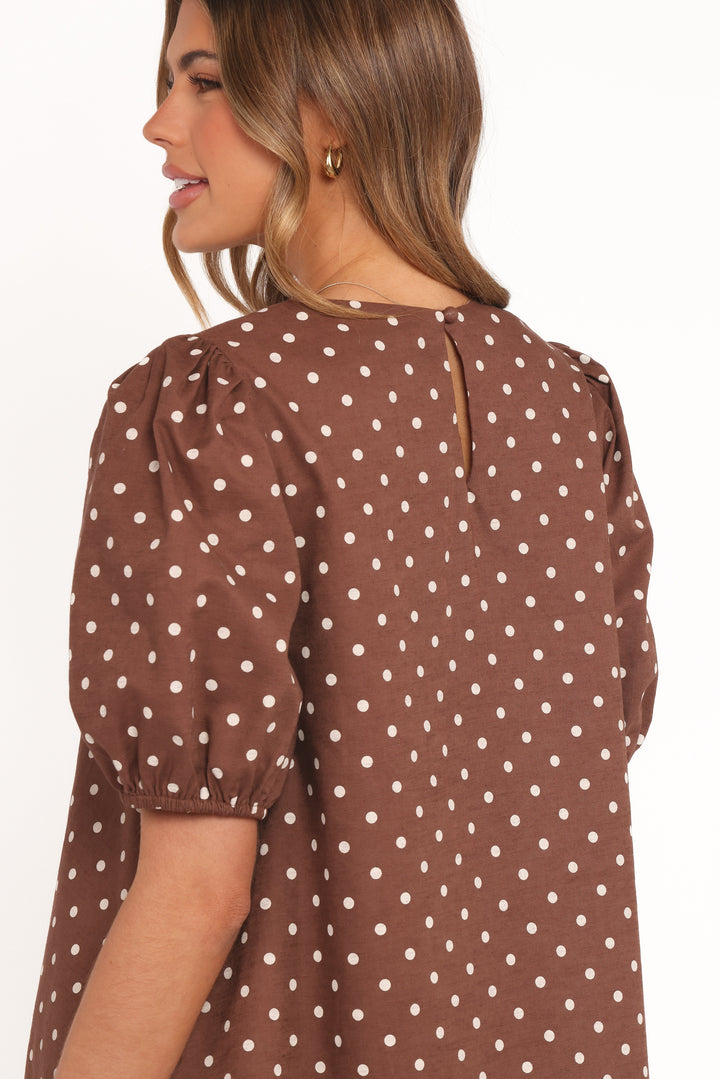 Avalyn Mini Dress - Brown Polka Dot