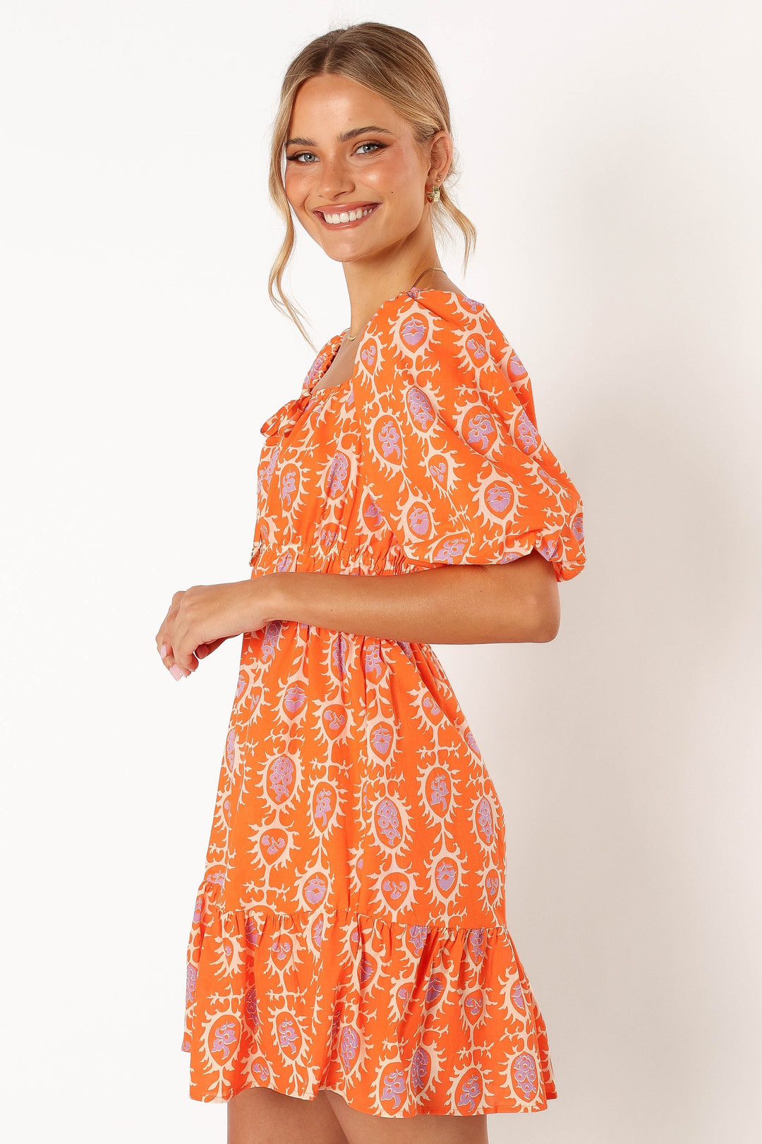 Carmen Off Shoulder Mini Dress - Orange Print