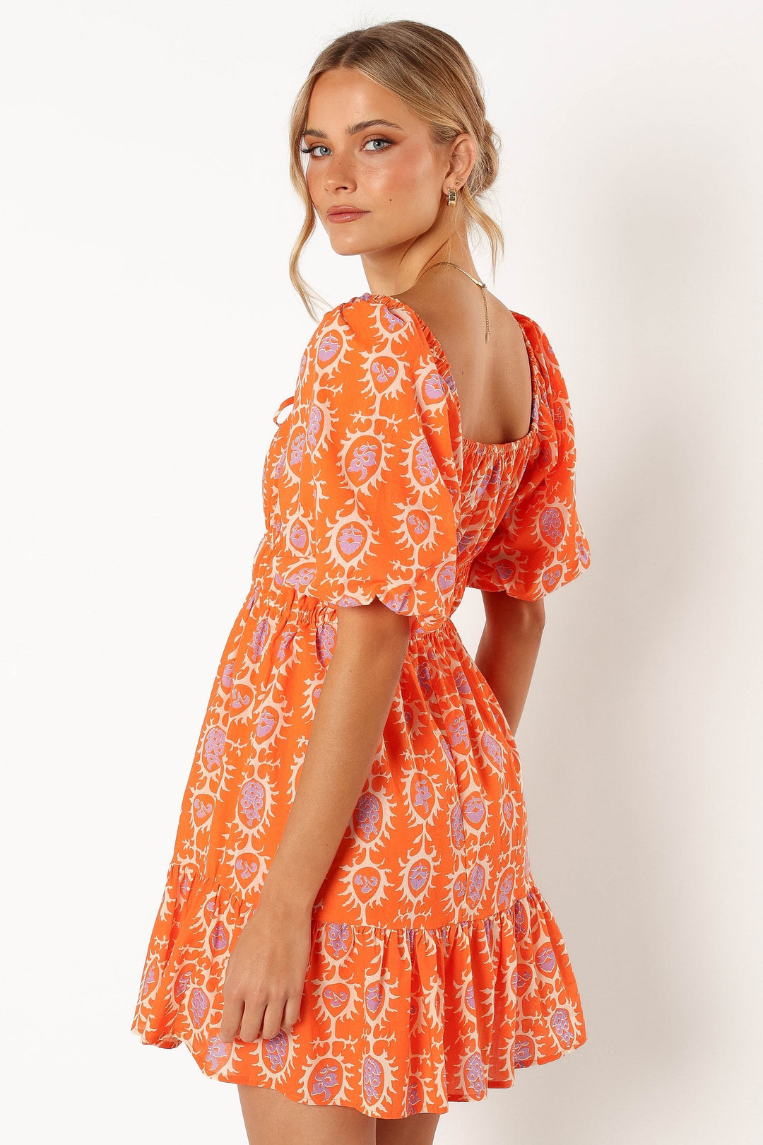 Carmen Off Shoulder Mini Dress - Orange Print