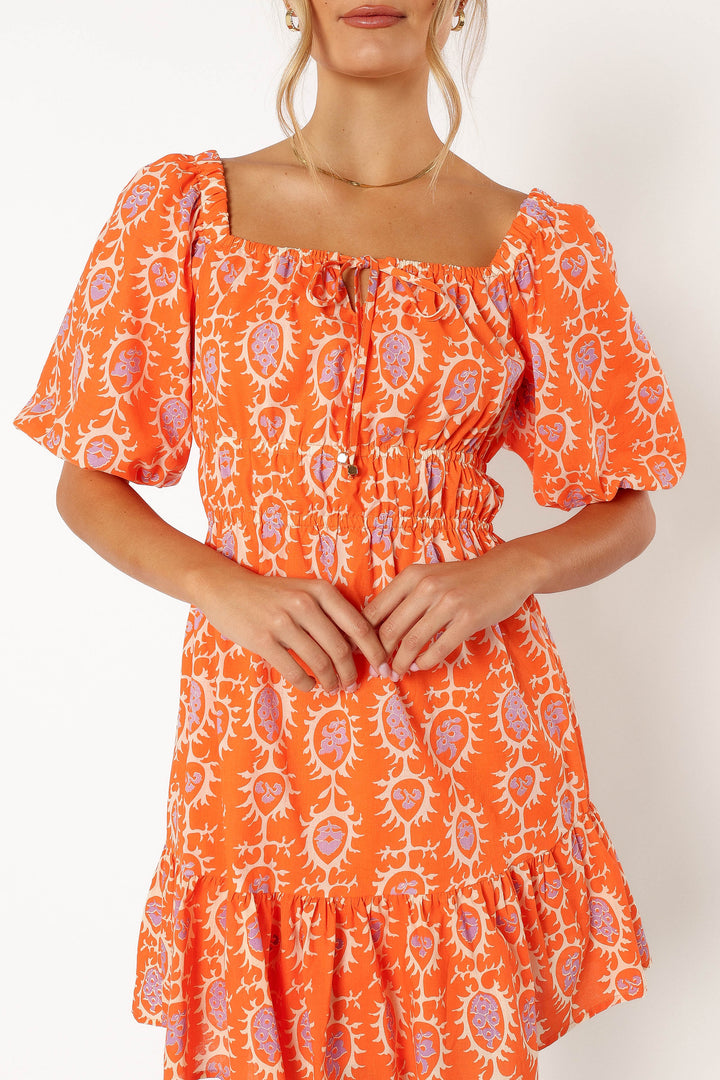 Carmen Off Shoulder Mini Dress - Orange Print
