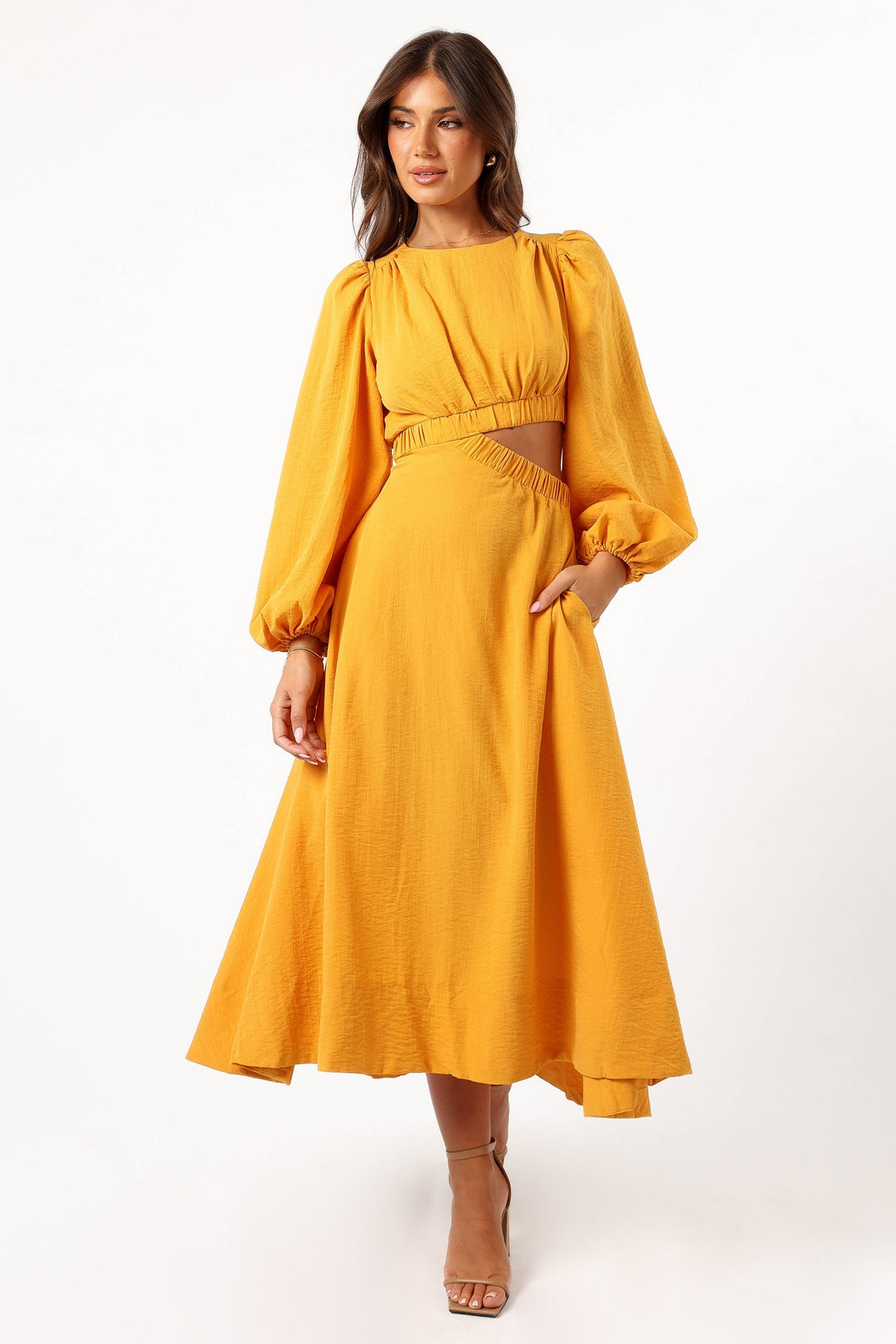 Ginnee Puff Sleeve Cutout Midi Dress - Mustard