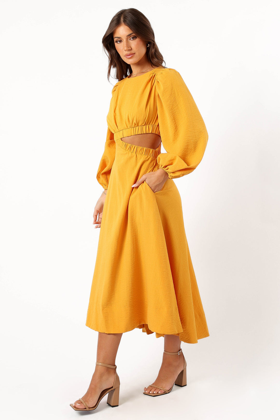 Ginnee Puff Sleeve Cutout Midi Dress - Mustard