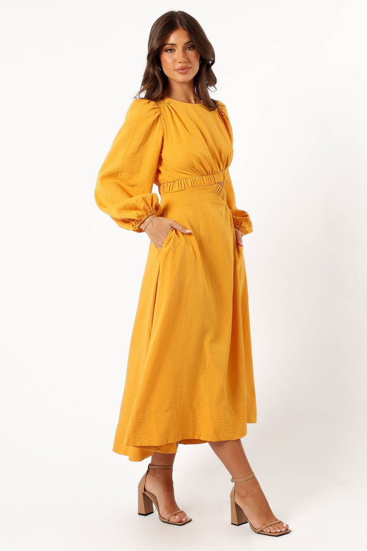 Ginnee Puff Sleeve Cutout Midi Dress - Mustard