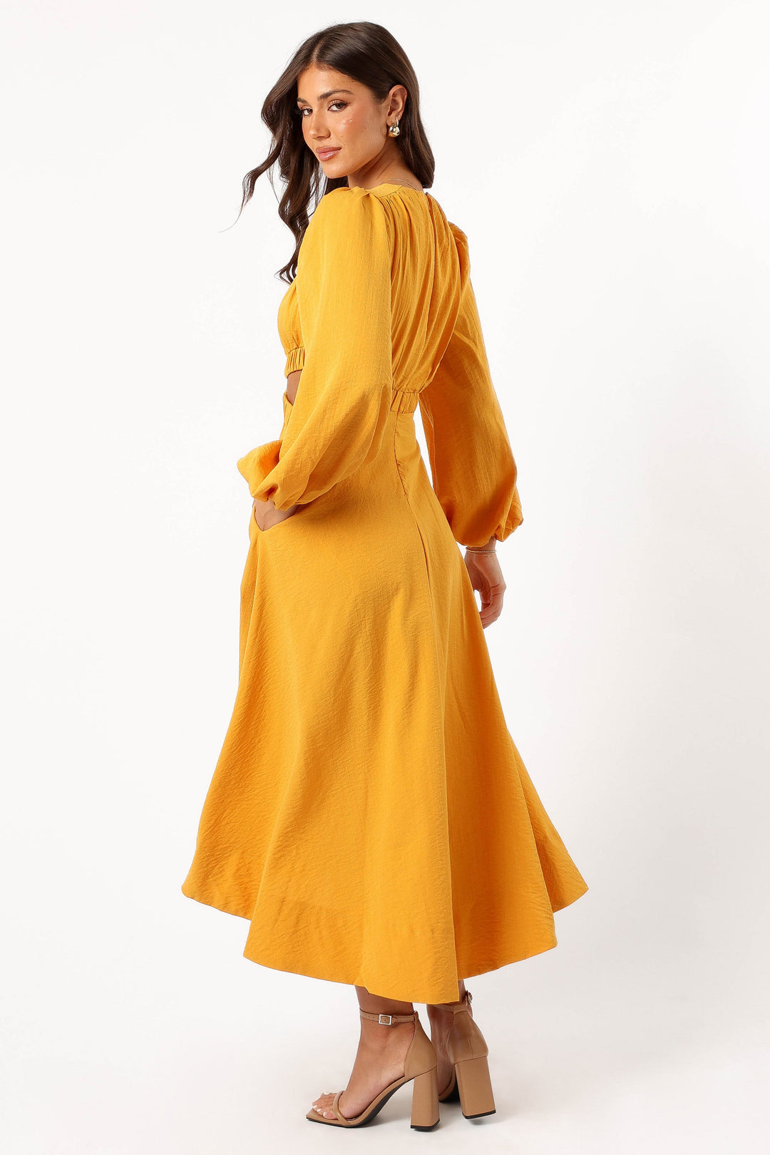 Ginnee Puff Sleeve Cutout Midi Dress - Mustard
