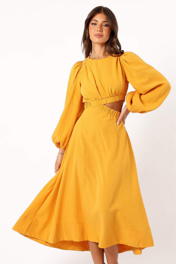 Ginnee Puff Sleeve Cutout Midi Dress - Mustard