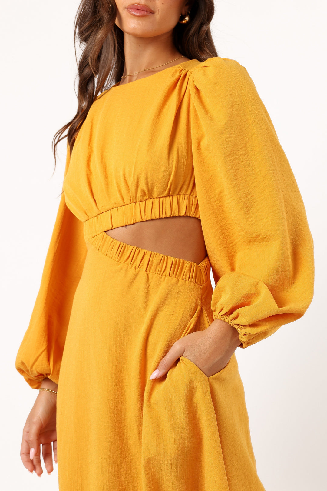 Ginnee Puff Sleeve Cutout Midi Dress - Mustard