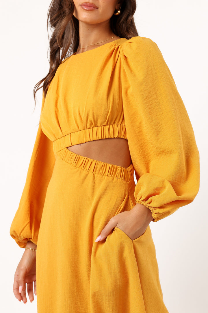 Ginnee Puff Sleeve Cutout Midi Dress - Mustard