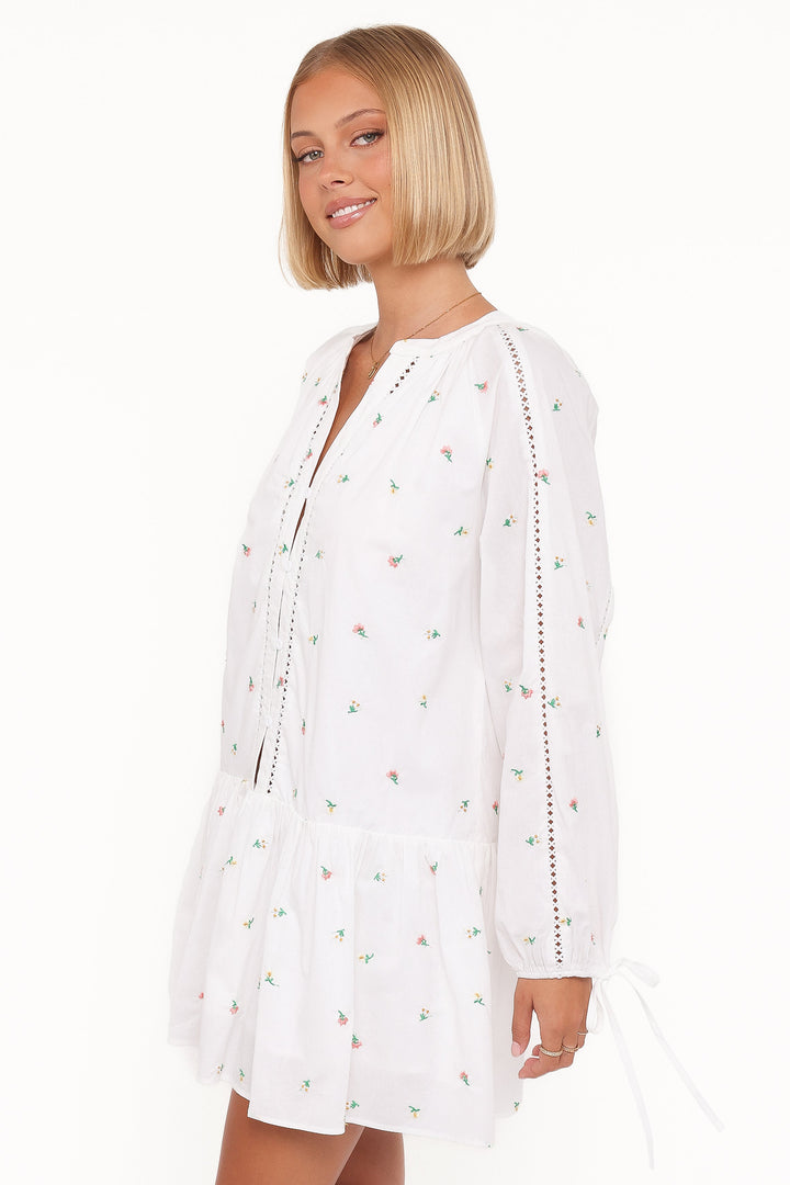 Hart Long Sleeve Mini Dress - White Floral