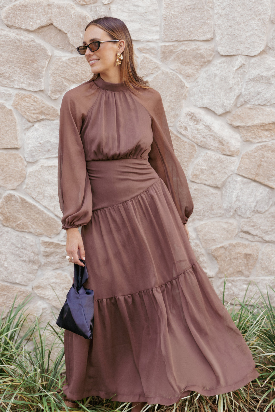 Julip Sheer Long Sleeve Maxi Dress - Brown