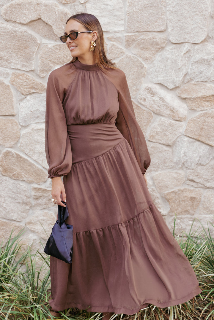 Julip Sheer Long Sleeve Maxi Dress - Brown