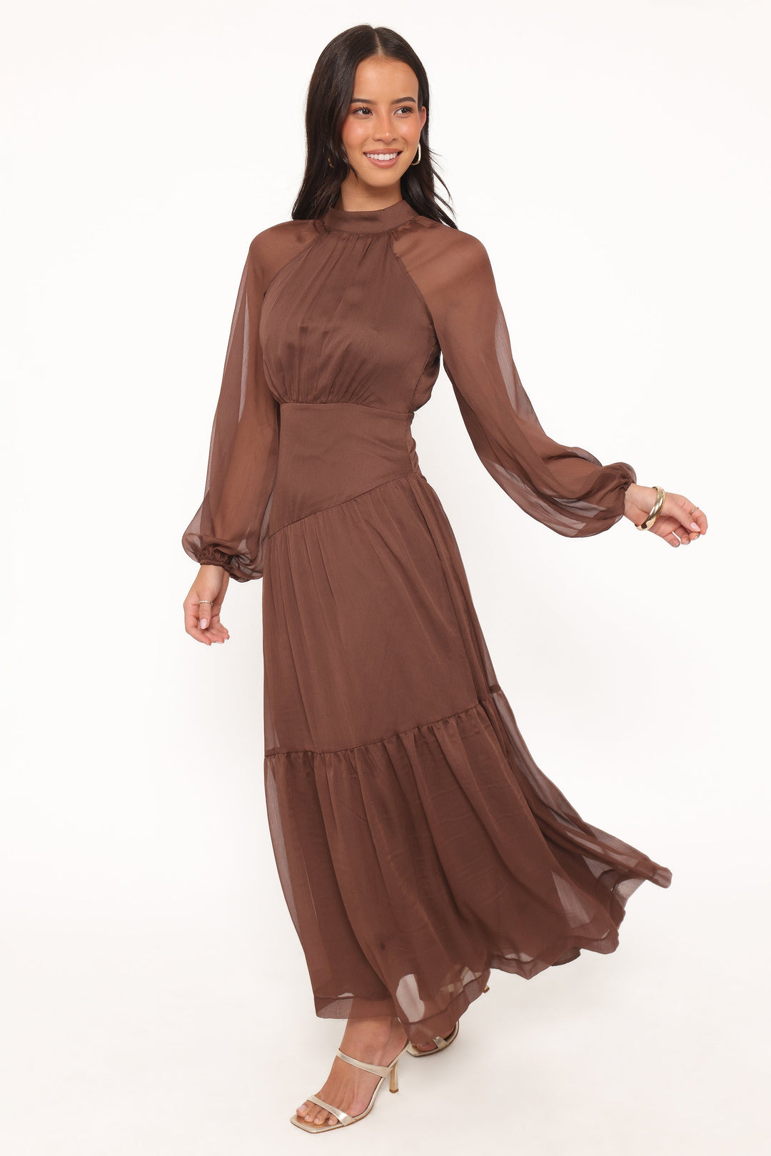 Julip Sheer Long Sleeve Maxi Dress - Brown
