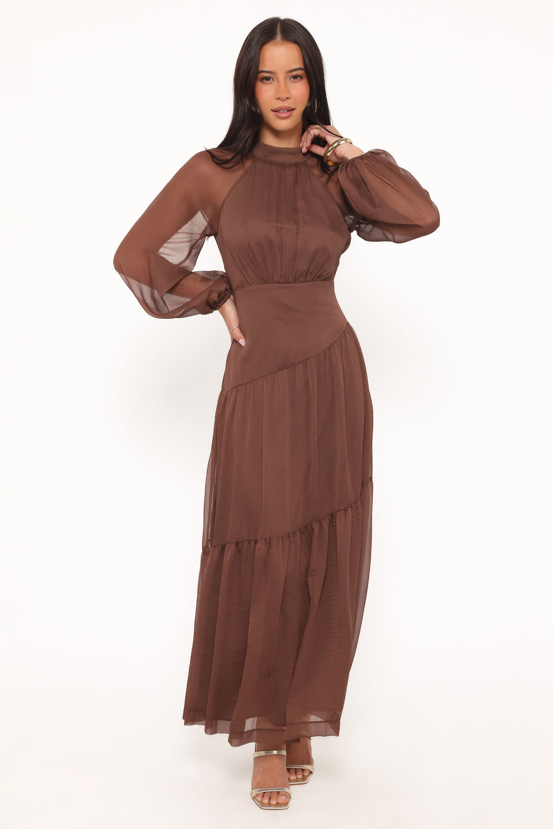 Julip Sheer Long Sleeve Maxi Dress - Brown